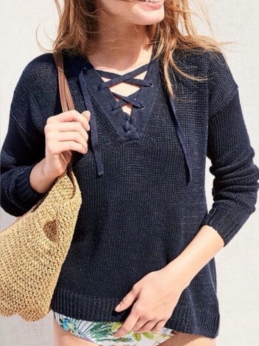 J. Crew Navy Lace-Up Knit Sweater